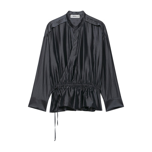 Damen Satinbluse mit Stehkragen, Wickeloptik und Kordelzug Echoarchiv