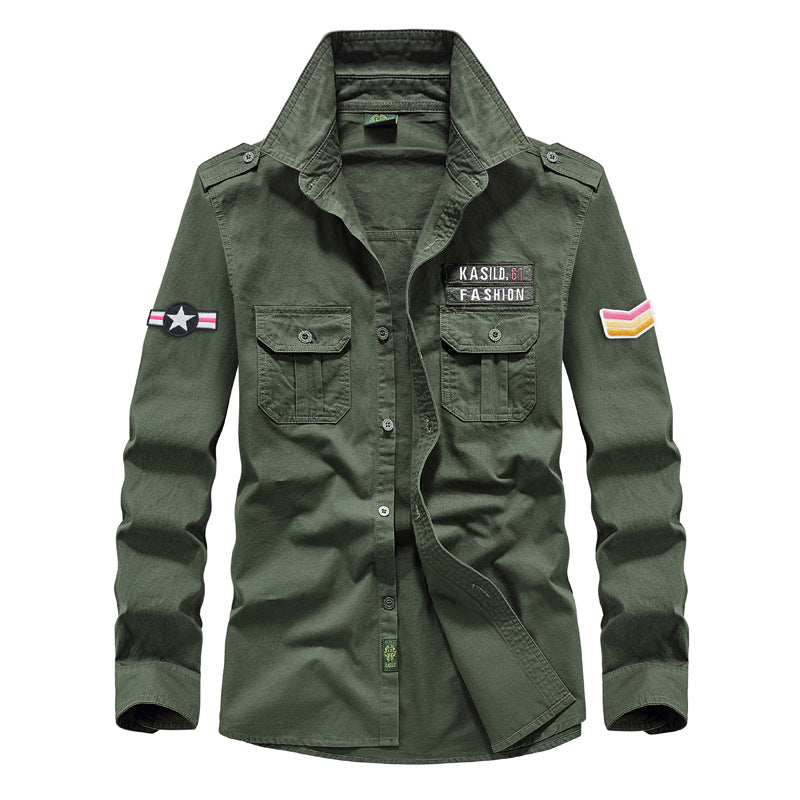 Herren nan militärisches Langarm-Utility-Hemd mit aufgesetzten Brusttaschen, Schulterklappen und dekorativen Stickpatches Echo Archiv