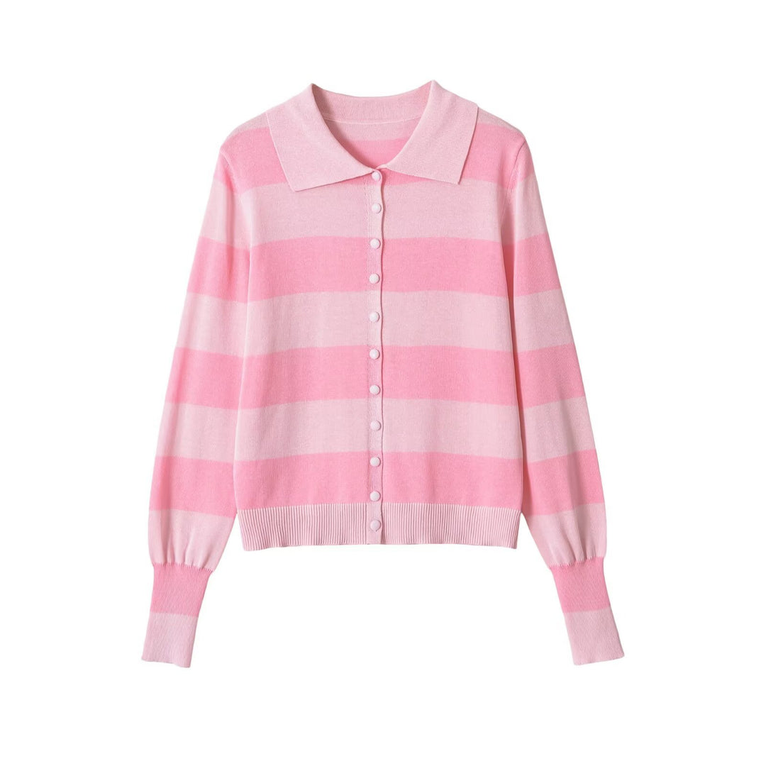Damen Leichte gestreifte Strickjacke mit Polokragen und Knopfleiste Echo Archiv