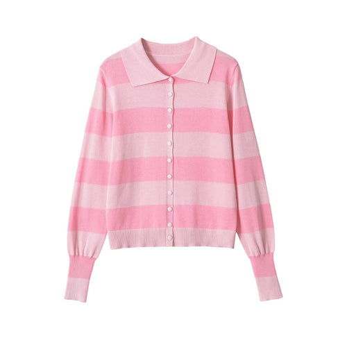 Damen Leichte gestreifte Strickjacke mit Polokragen und Knopfleiste Echo Archiv