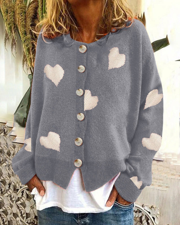 Damen Geknöpfter Oversize-Strickcardigan mit Herz-Jacquard und Perlmuttknöpfen Echo Archiv