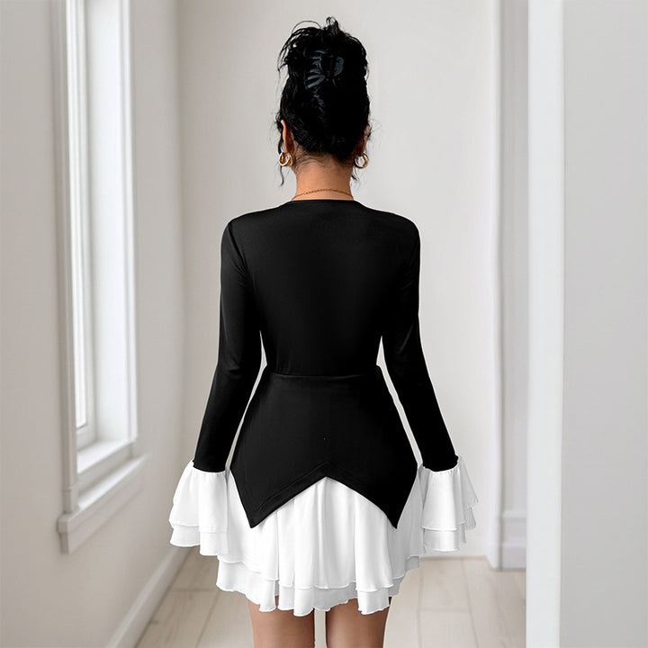 Damen Zweiteiliges Mini-Kleid mit tailliertem Wickeloberteil und Volant-Ärmeln Echoarchiv