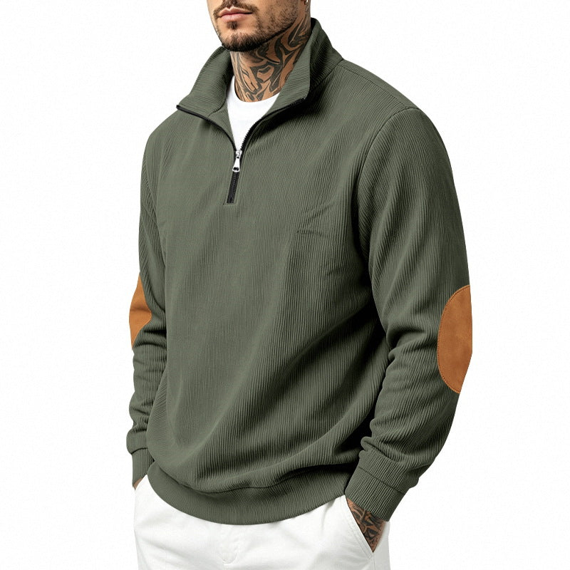 Herren Leichter Struktur-Halbzip-Pullover mit Cord‑Ellbogenpatches und Stehkragen Echoarchiv