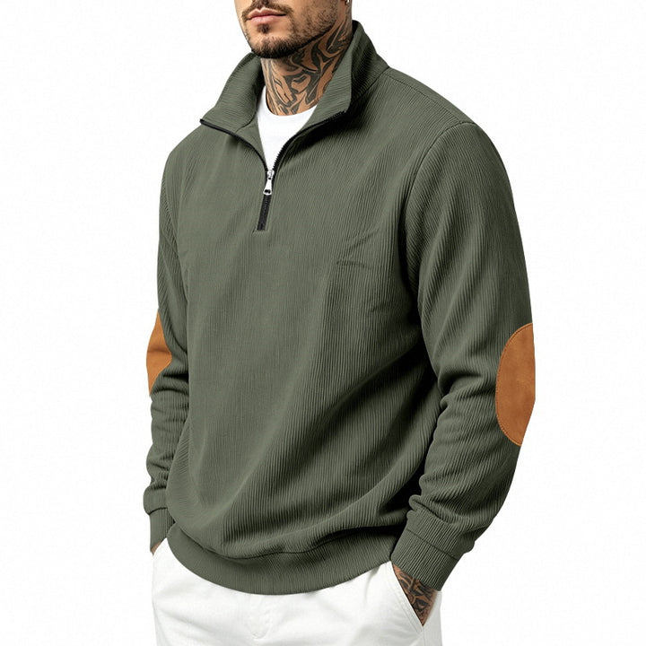 Herren Leichter Struktur-Halbzip-Pullover mit Cord‑Ellbogenpatches und Stehkragen Echoarchiv