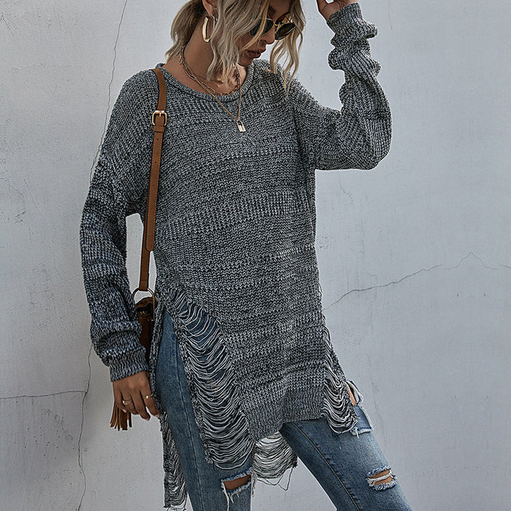 Damen Lässiger Strickpullover mit Fransen Echo Archiv