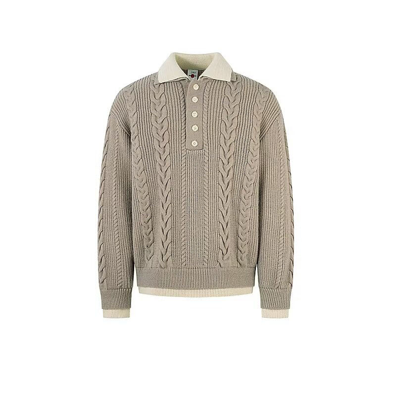 Herren Grobstrickpullover mit Stehkragen und Knopfleiste Echoarchiv