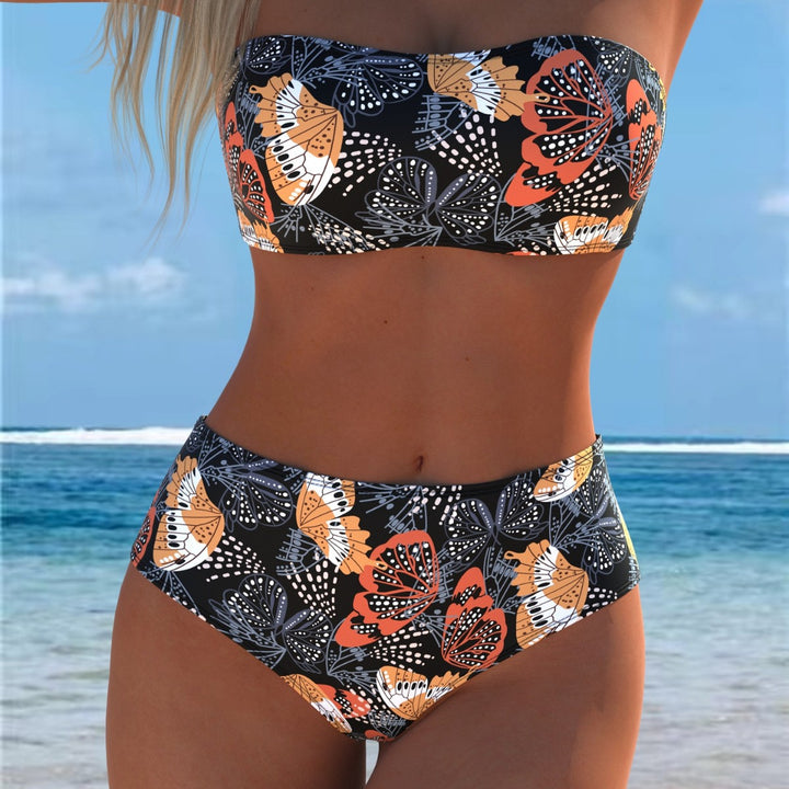 Damen Bandeau-Bikini mit hohem Taillenschnitt und kontrastierendem Blumendesign Echo Archiv