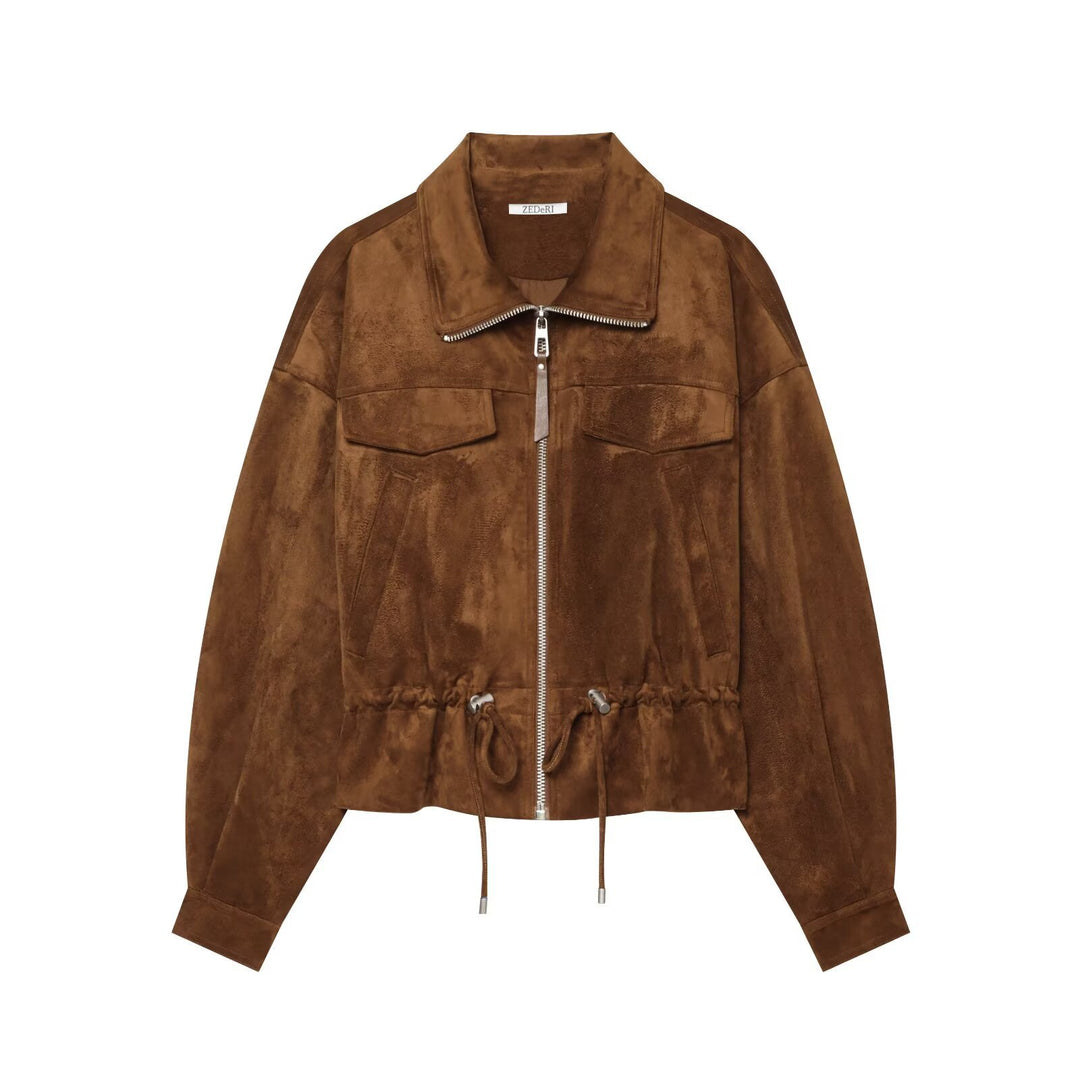 Damen Veloursleder-Optik Bomberjacke mit Tunnelzug und Brustklappen Echo Archiv