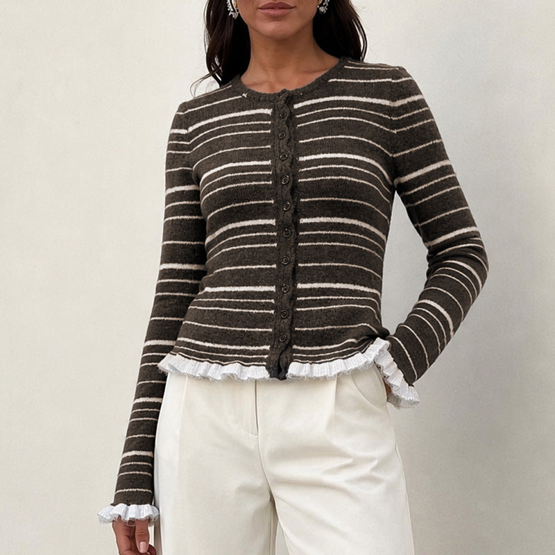 Damen Feinstrick-Buttoncardigan mit Streifen, Rüschenbesatz & taillierter Passform Echoarchiv
