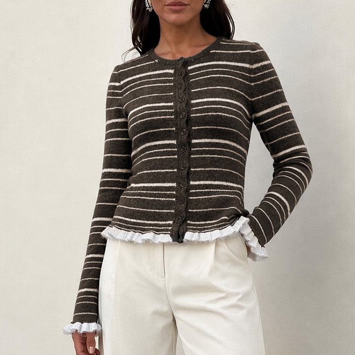 Damen Feinstrick-Buttoncardigan mit Streifen, Rüschenbesatz & taillierter Passform Echoarchiv