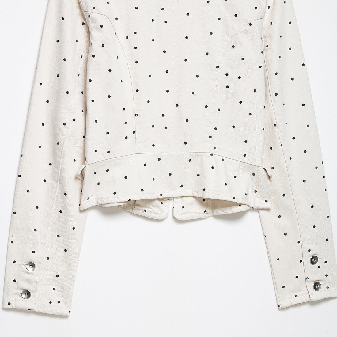Damen Gepunktete Cropped Jeansjacke mit Stehkragen, Reißverschluss und Pattentaschen Echoarchiv