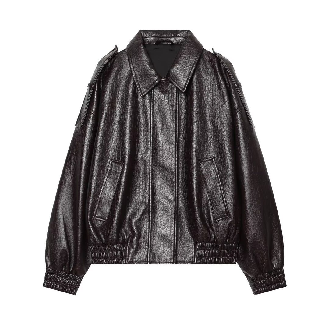 Damen Oversized Kunstleder-Bomberjacke mit Schulterklappen und gerafftem Saum Echo Archiv
