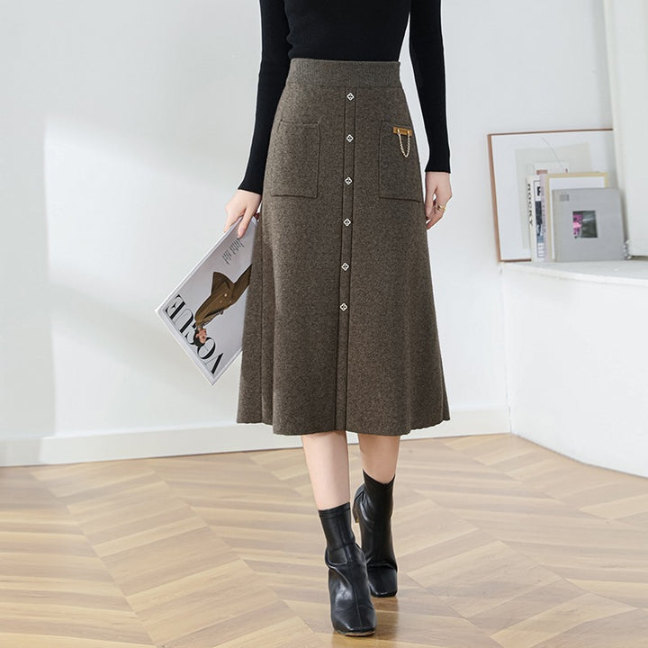 Damen Eleganter, gefütterter Knopf-Midirock Echo Archiv