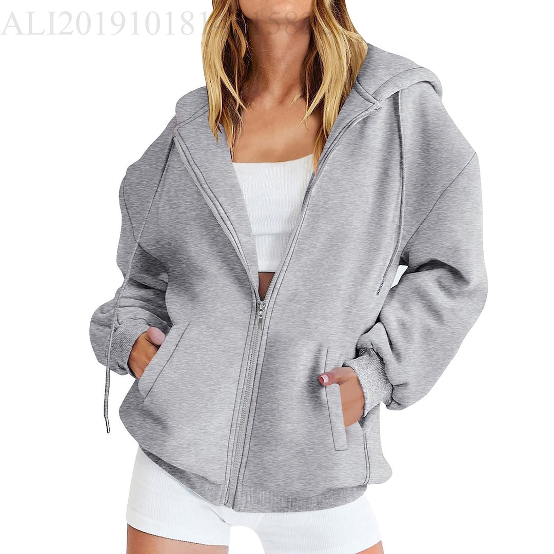Damen nan lässige Zip-Hoodie-Jacke im Boxy-Cut mit überschnittener Schulter, verdecktem Tunnelzug und großen Kängurutaschen Echo Archiv