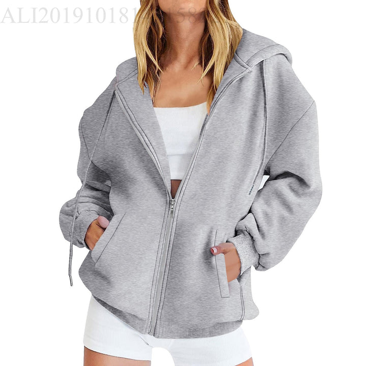 Damen nan lässige Zip-Hoodie-Jacke im Boxy-Cut mit überschnittener Schulter, verdecktem Tunnelzug und großen Kängurutaschen Echo Archiv