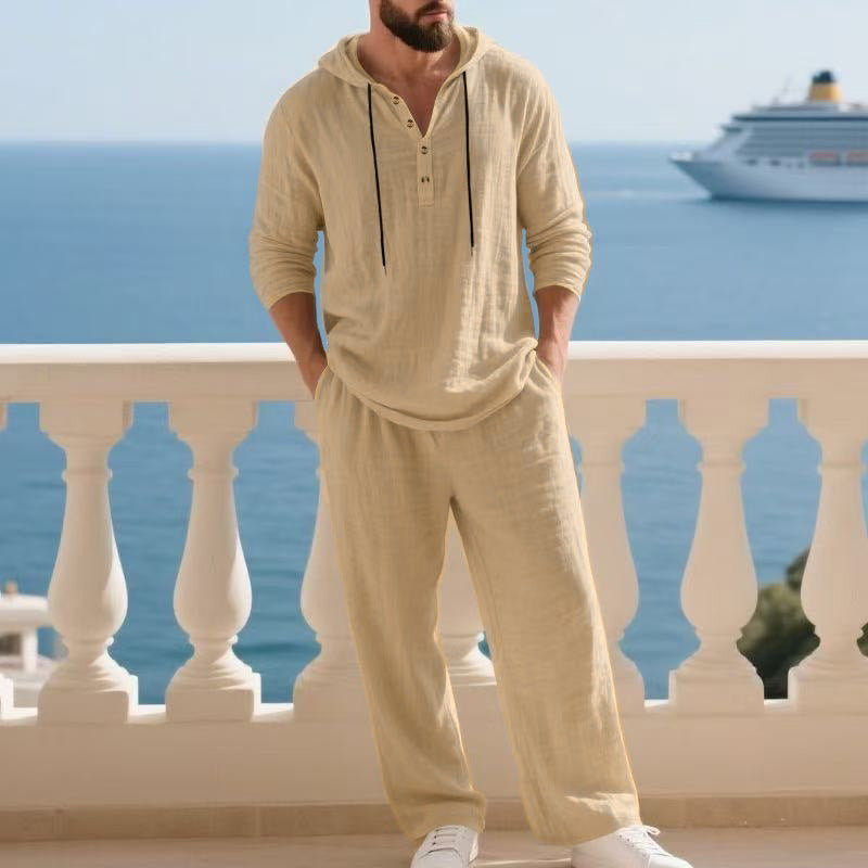 Herren nan lässiges Leinenzweiteiler-Set mit Kapuzenhemd im Henley-Stil und weiten Freizeit-Hosen Echo Archiv