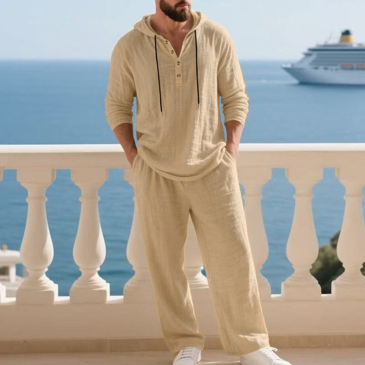 Herren nan lässiges Leinenzweiteiler-Set mit Kapuzenhemd im Henley-Stil und weiten Freizeit-Hosen Echo Archiv