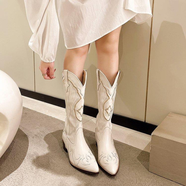 Damen Kniehohe Western‑Cowboy‑Stiefel mit filigraner Stickerei und konischem Blockabsatz Echo Archiv