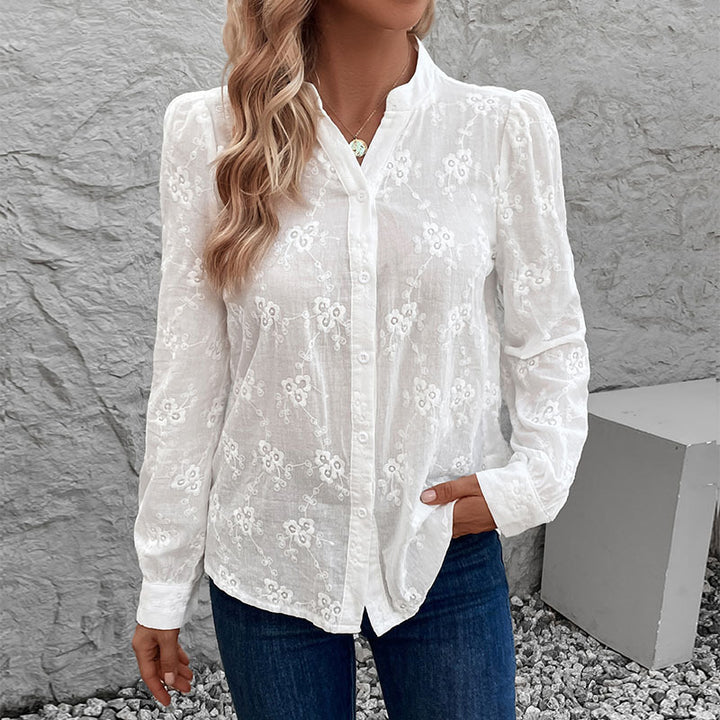 Damen Leichte bestickte Voile-Bluse mit Stehkragen und durchgehender Knopfleiste Echoarchiv