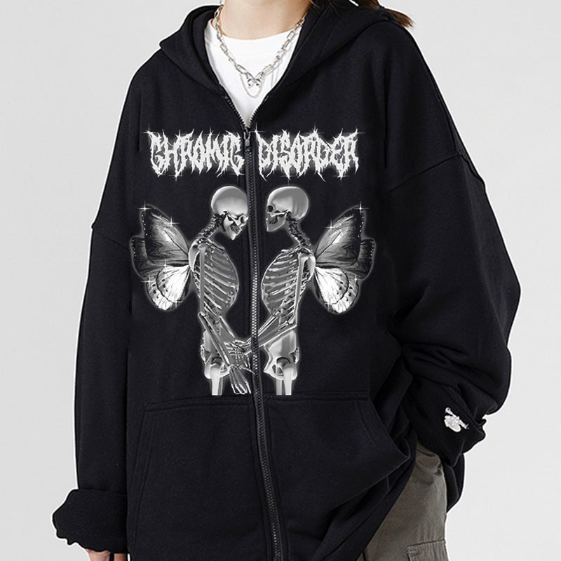 Damen Kapuzenjacke mit durchgehendem Reißverschluss und Rippenherz-Print – Auréline