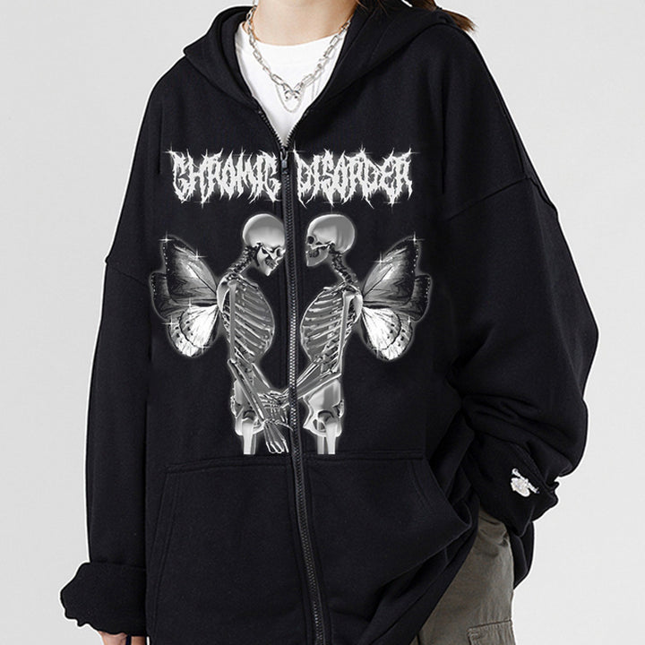 Damen Kapuzenjacke mit durchgehendem Reißverschluss und Rippenherz-Print – Auréline