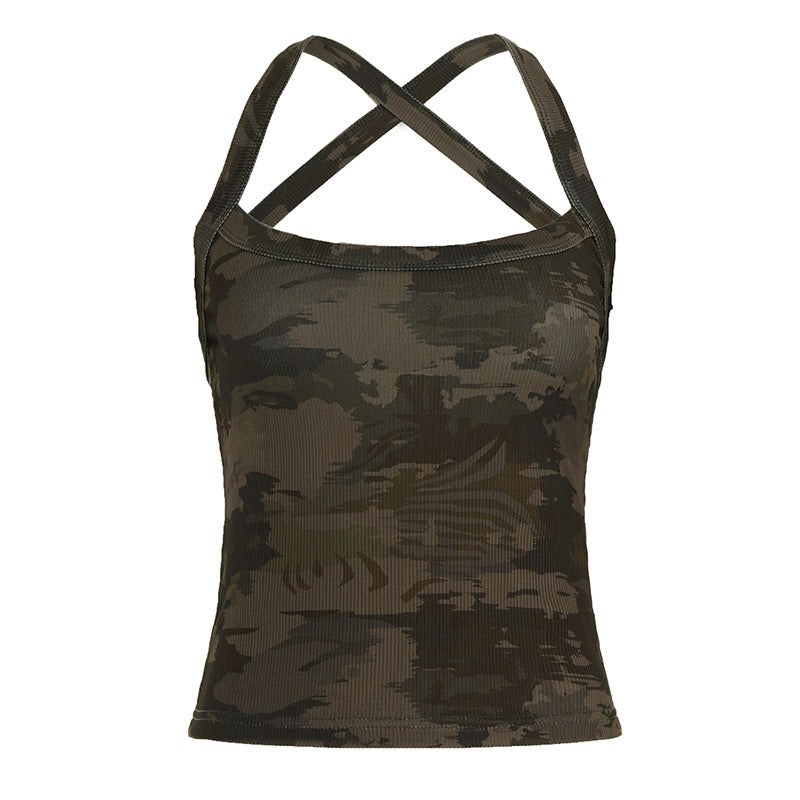 Damen sportliches Tanktop mit X-förmigem Rücken und Camouflage-Muster Echo Archiv