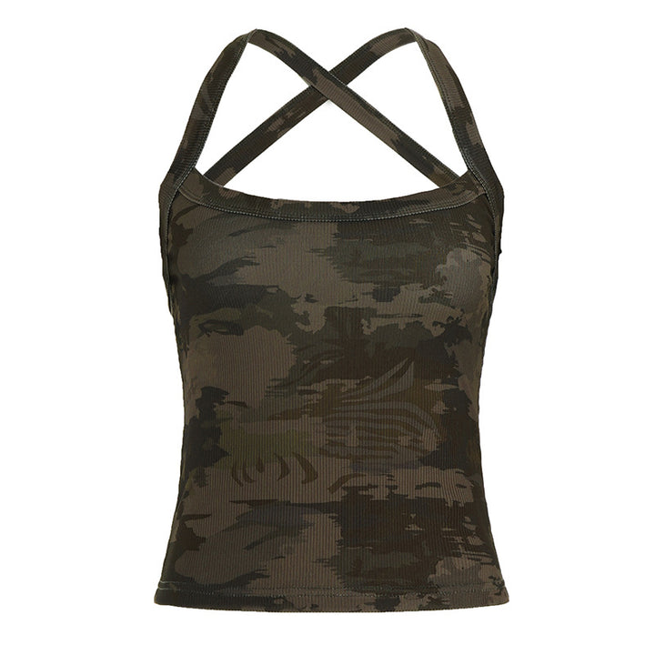 Damen sportliches Tanktop mit X-förmigem Rücken und Camouflage-Muster Echo Archiv