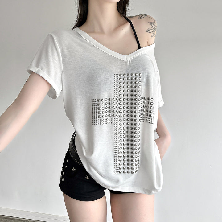 Damen V-Ausschnitt T-Shirt mit stilvollem Nieten-Dekor Echo Archiv