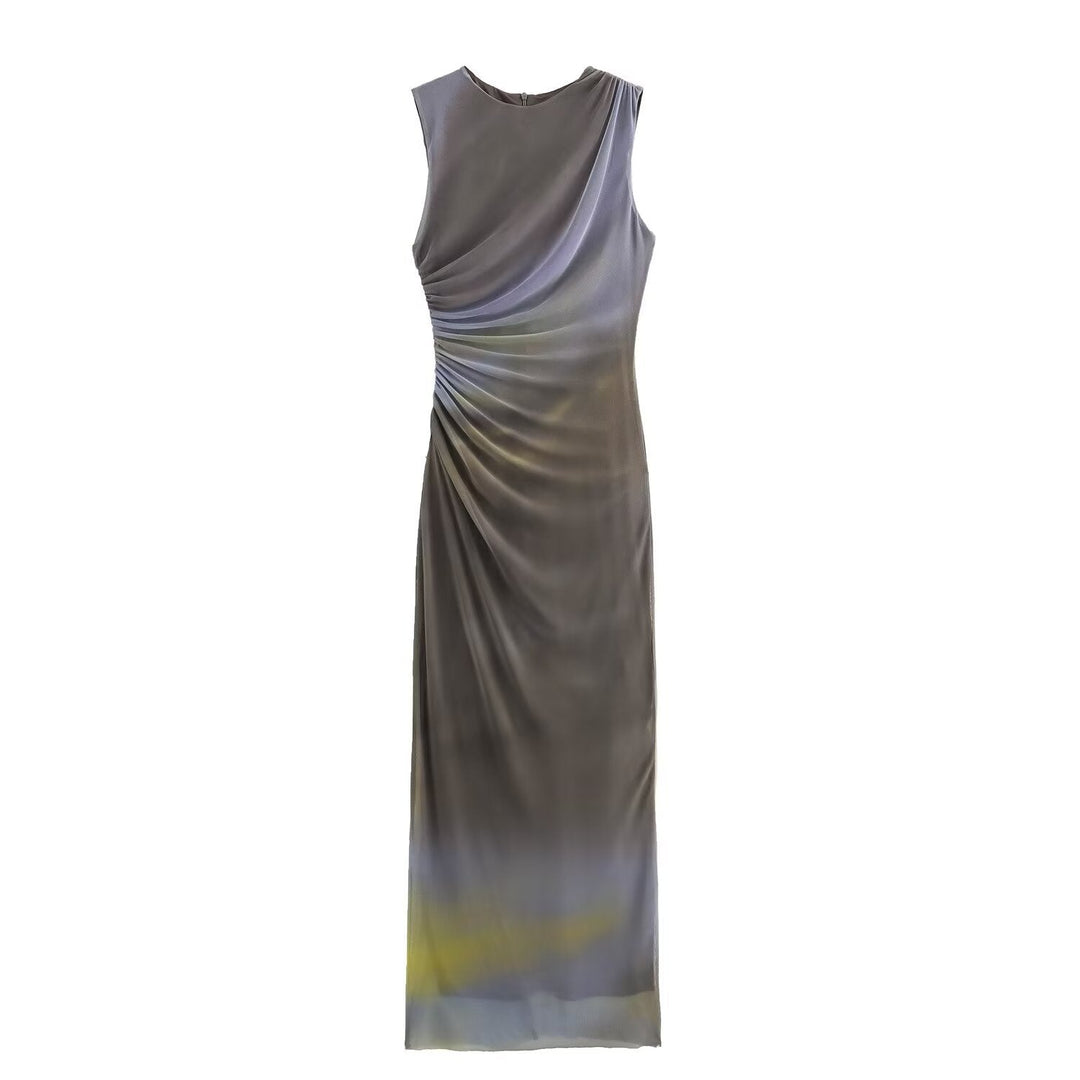 Echoarchiv | Einfarbiges Rundhalsausschnitt Ärmelloses Faltendes Slim Fit Kleid