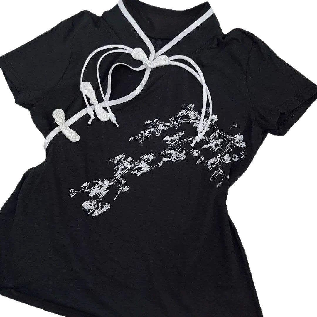 Damen Modernes Chinesisches Kurzarm-T-Shirt mit kreativem Knotendesign Echo Archiv