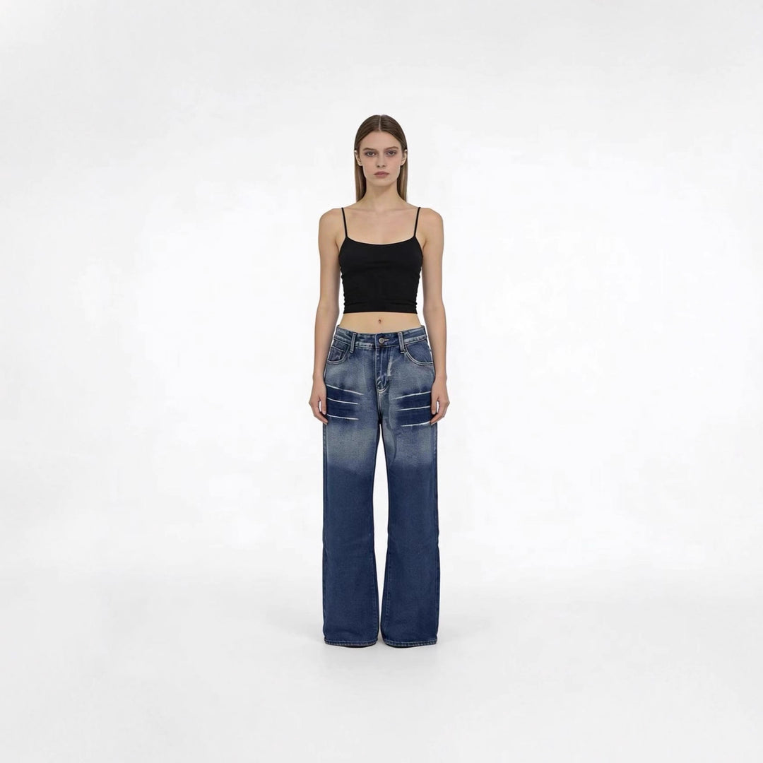 Damen weite hochgeschnittene Jeans mit besonderem Waschungseffekt Echo Archiv