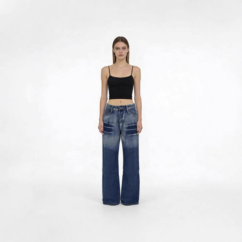 Damen weite hochgeschnittene Jeans mit besonderem Waschungseffekt Echo Archiv