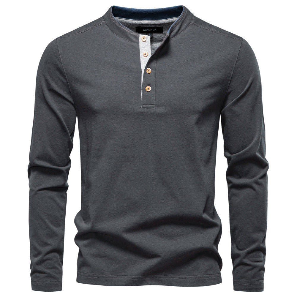Herren nan legeres Baumwoll-Langarmshirt mit kurzer Knopfleiste und Stehkragen Echo Archiv
