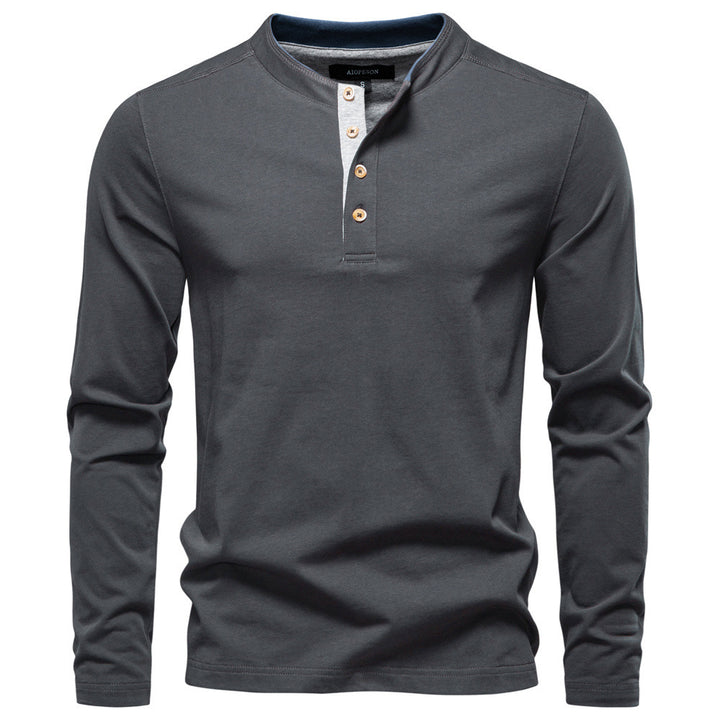 Herren nan legeres Baumwoll-Langarmshirt mit kurzer Knopfleiste und Stehkragen Echo Archiv