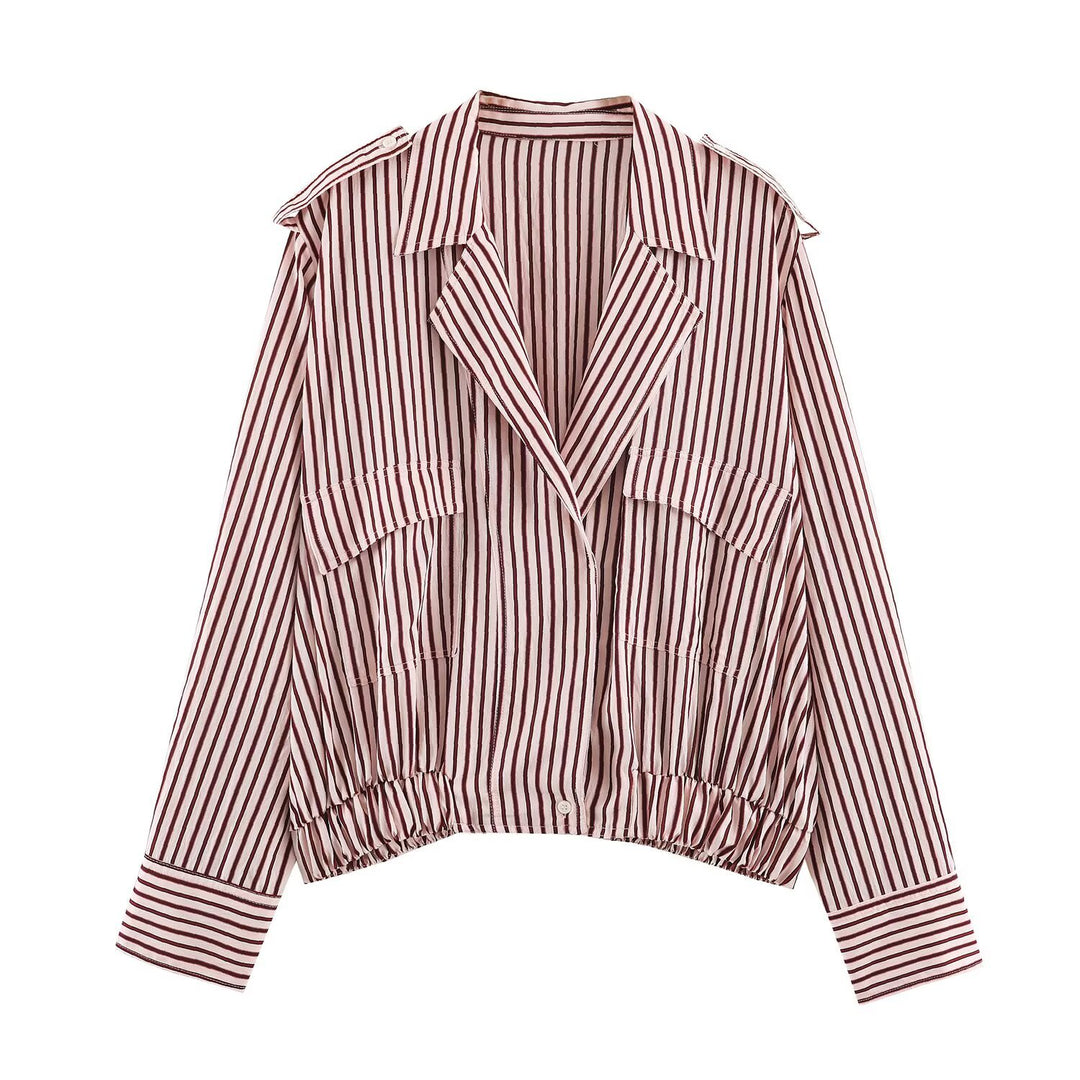 Damen Gestreifte Cropped-Blousonjacke mit Reverskragen, Pattentaschen und Gummizugsaum Echo Archiv