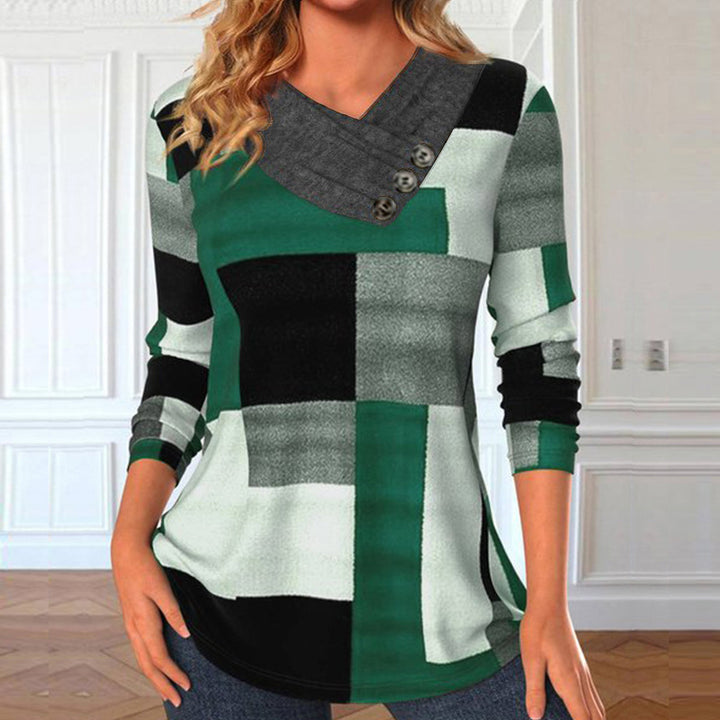 Damen Longsleeve-Tunika mit geometrischem Colorblock und asymmetrischem Knopf-V-Ausschnitt – Avérine