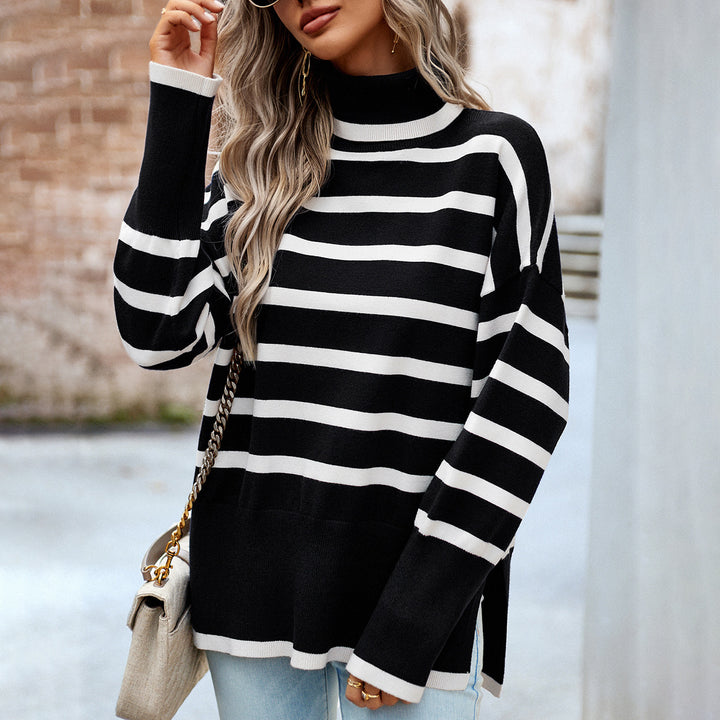 Damen Oversize Rollkragenpullover mit Querstreifen, weitem Schnitt und seitlichen Schlitzen – Mavelle
