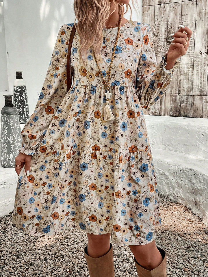 Damen Geblümtes Stufenmidikleid mit Rundhalsausschnitt, geraffter Taillenpartie und Ballonärmeln – Avérine
