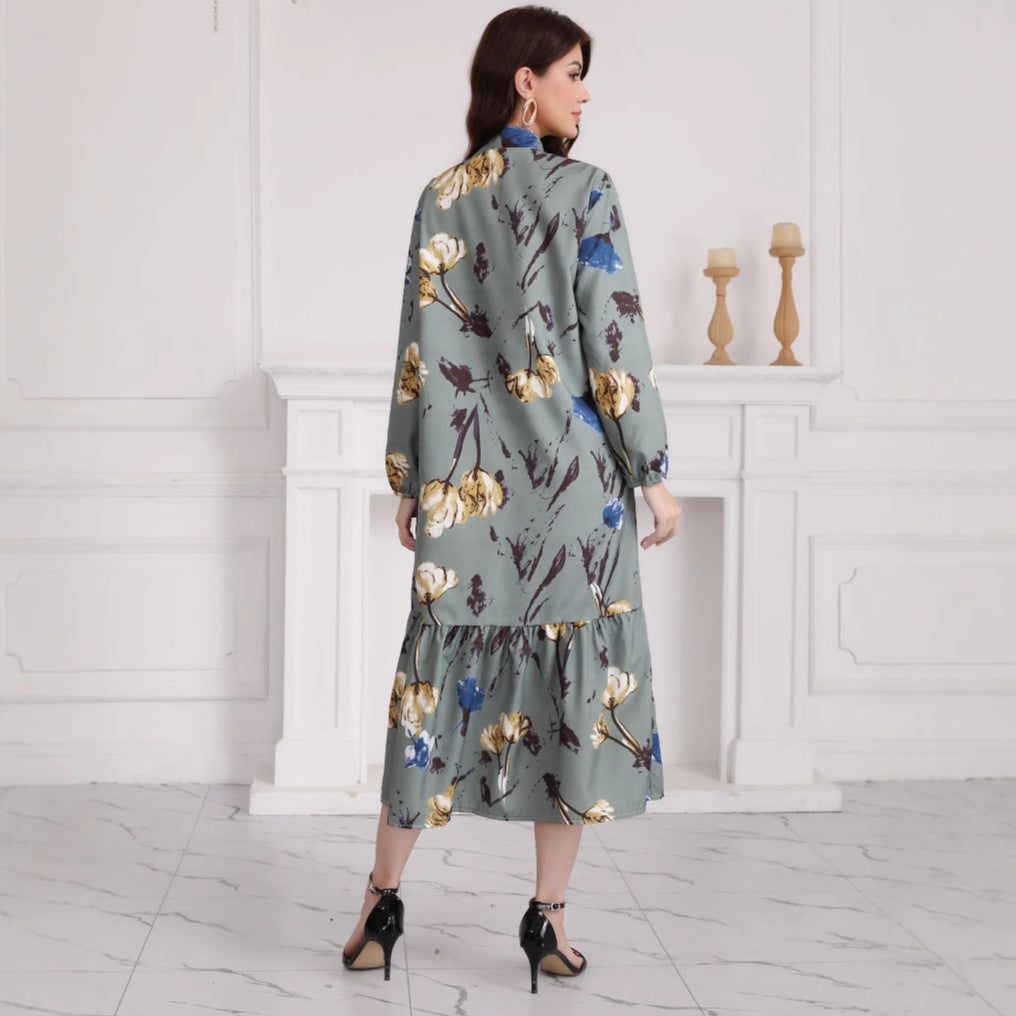 Damen Hemdblusenkleid mit Aquarell-Blumenprint, Stehkragen & Stufenrock – Lunéa