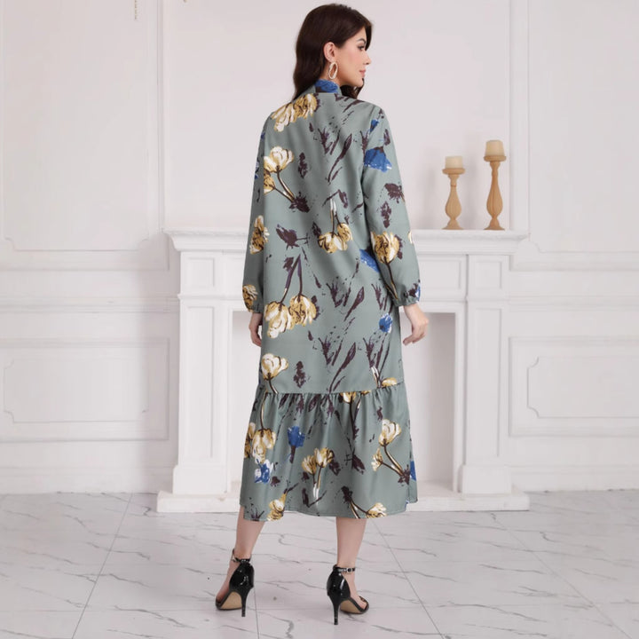 Damen Hemdblusenkleid mit Aquarell-Blumenprint, Stehkragen & Stufenrock – Lunéa