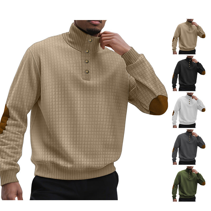 Herren nan kariertes Stepp-Sweatshirt mit Henley-Blende hohem Stehkragen und Velours-Ellenbogenpatch Echo Archiv
