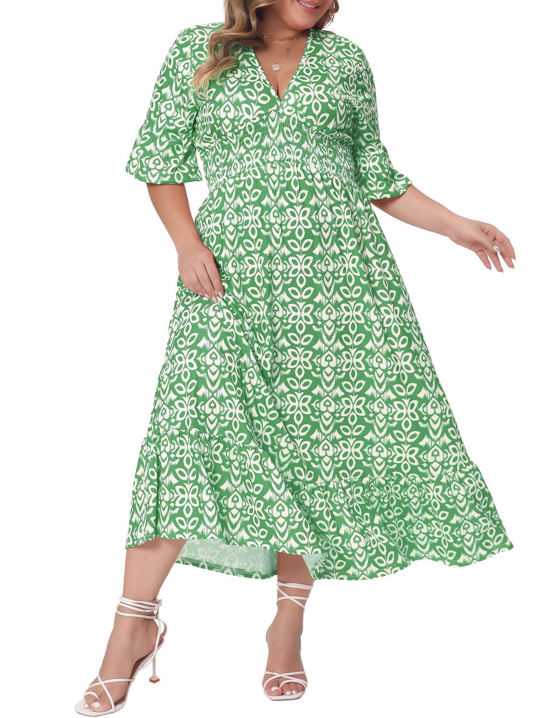 Damen Midikleid in A‑Linie mit grafischem Allover‑Print, geraffter Taillenpartie und Volantstufen Echo Archiv