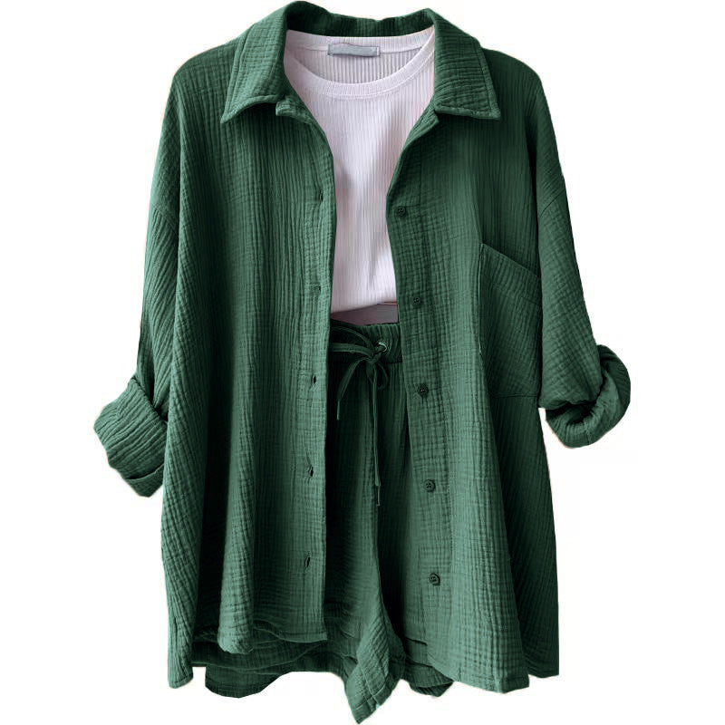 Damen nan lässiges oversized Hemd und Shorts Set mit Brusttasche Kordelbund und gerauter Baumwollstruktur Echo Archiv