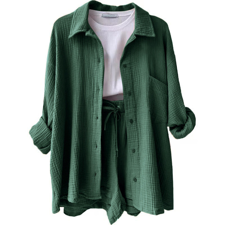 Damen nan lässiges oversized Hemd und Shorts Set mit Brusttasche Kordelbund und gerauter Baumwollstruktur Echo Archiv