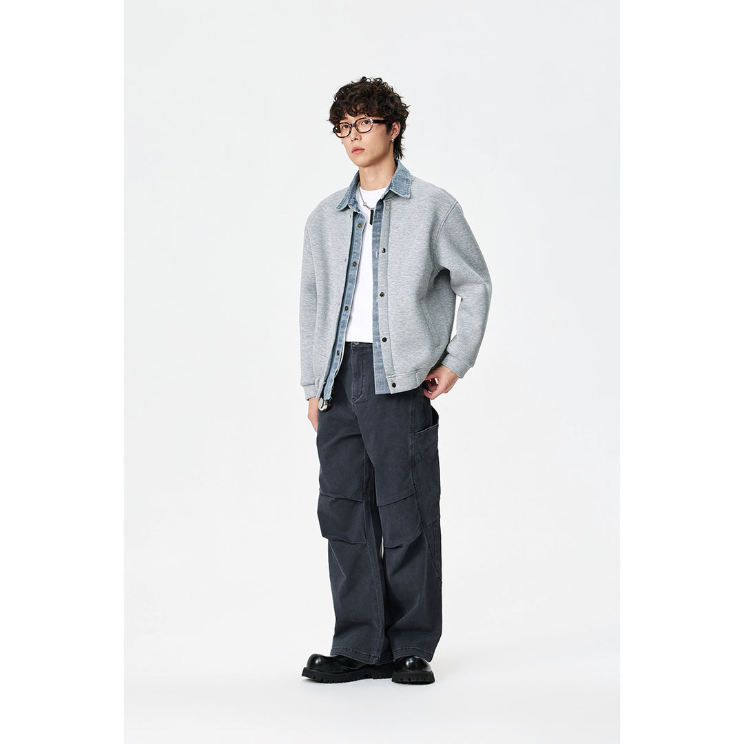 Unisex Lagenlook-Boxy Blouson mit integriertem Denim-Kragen und Druckknopfleiste Echoarchiv