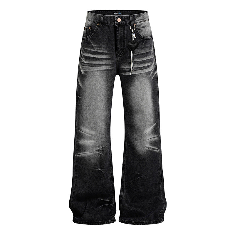 Damen Weite Vintage-Jeans im Schlagstil mit Used-Wash und Herz-Anhänger Echoarchiv