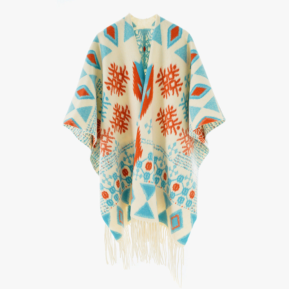 Damen Jacquard Überwurfcape aus feinem Strick mit Paisley-Bordüre Echo Archiv