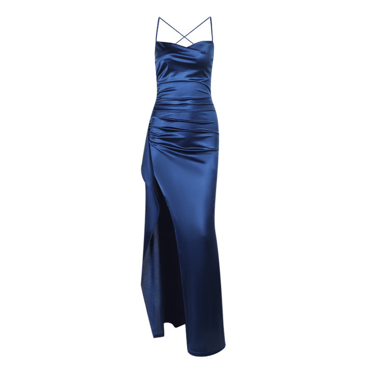 Damen elegantes Satin-Kleid mit tiefem Schlitz und verstellbaren Spaghetti-Trägern Echo Archiv