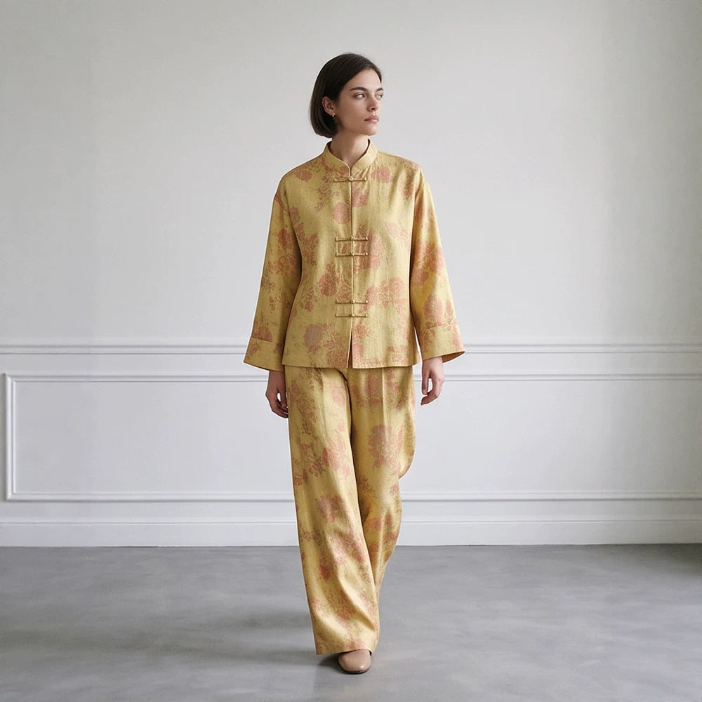 Damen Zweiteiliges Jacquard-Set mit Mandarin-Kragen und weit geschnittener Hose Echoarchiv