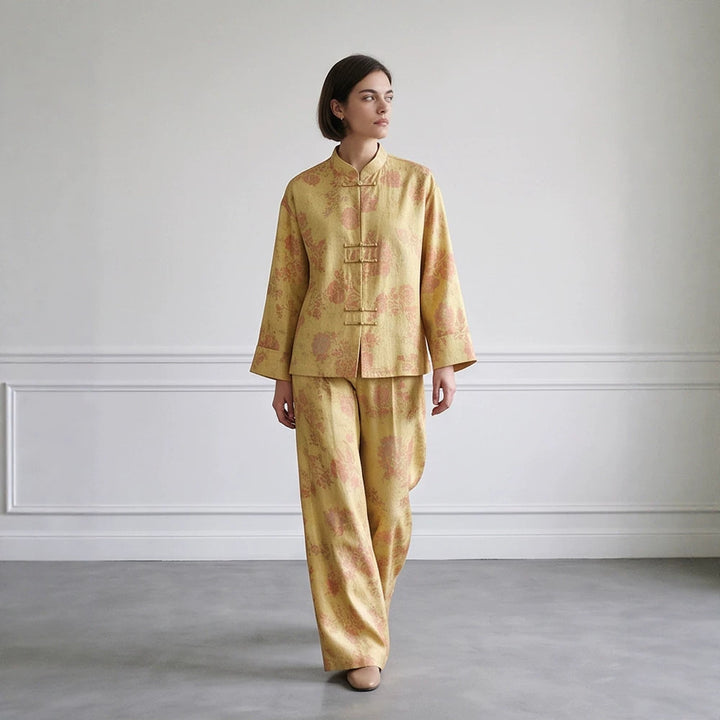 Damen Zweiteiliges Jacquard-Set mit Mandarin-Kragen und weit geschnittener Hose Echoarchiv
